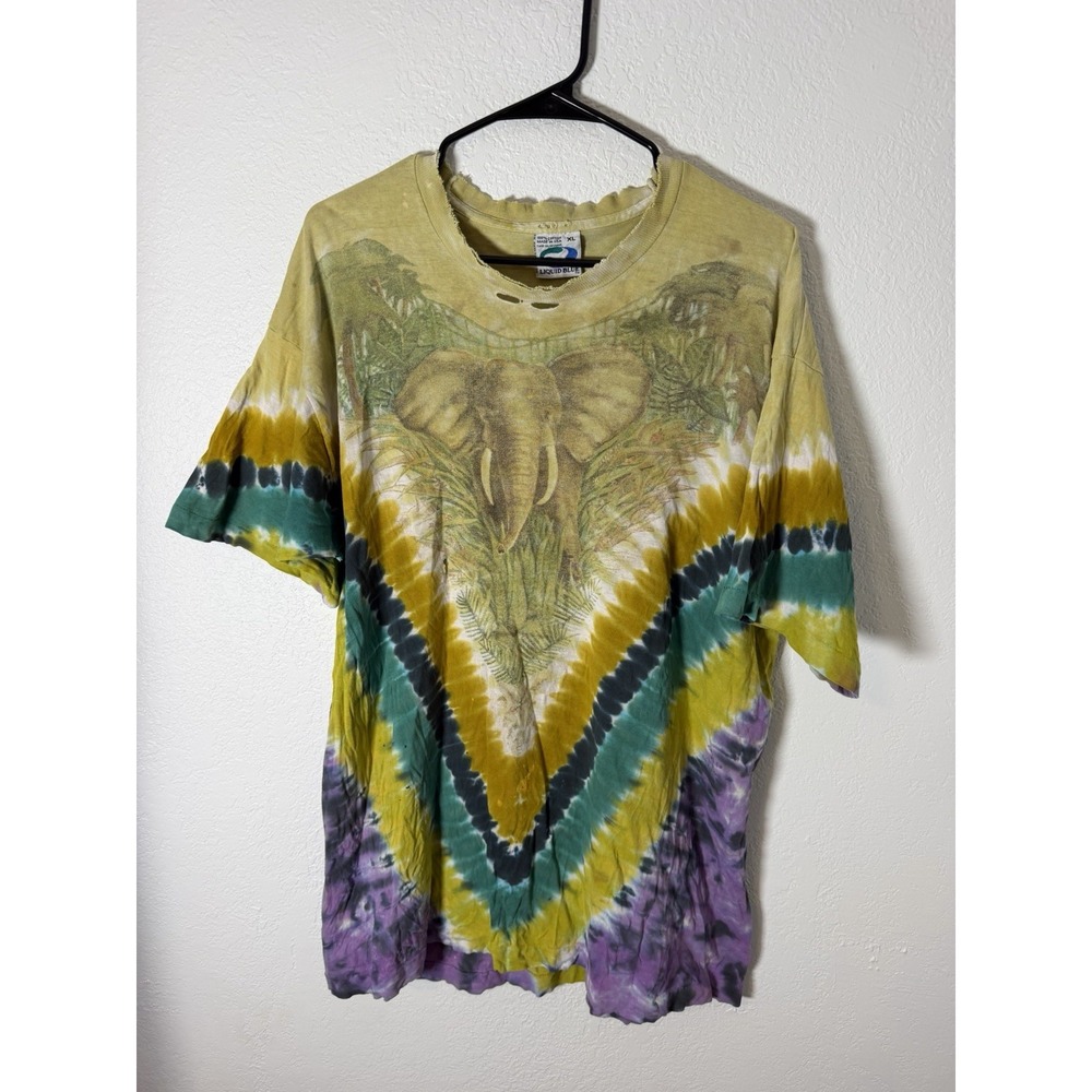 Liquid Blue 1990 Vintage Tie-Dye Elephant Graphic Double-Sided Size XL T-Shirt
